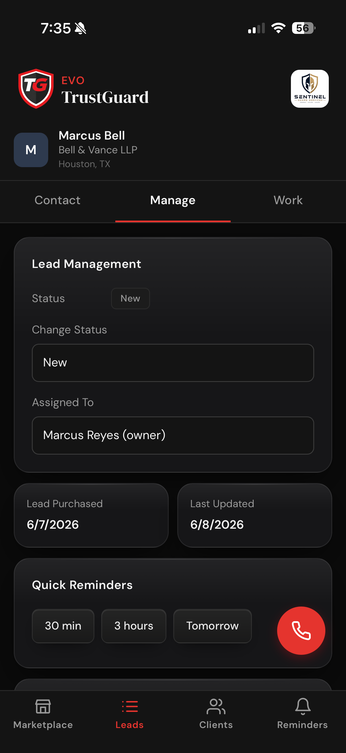 Lead manage tab