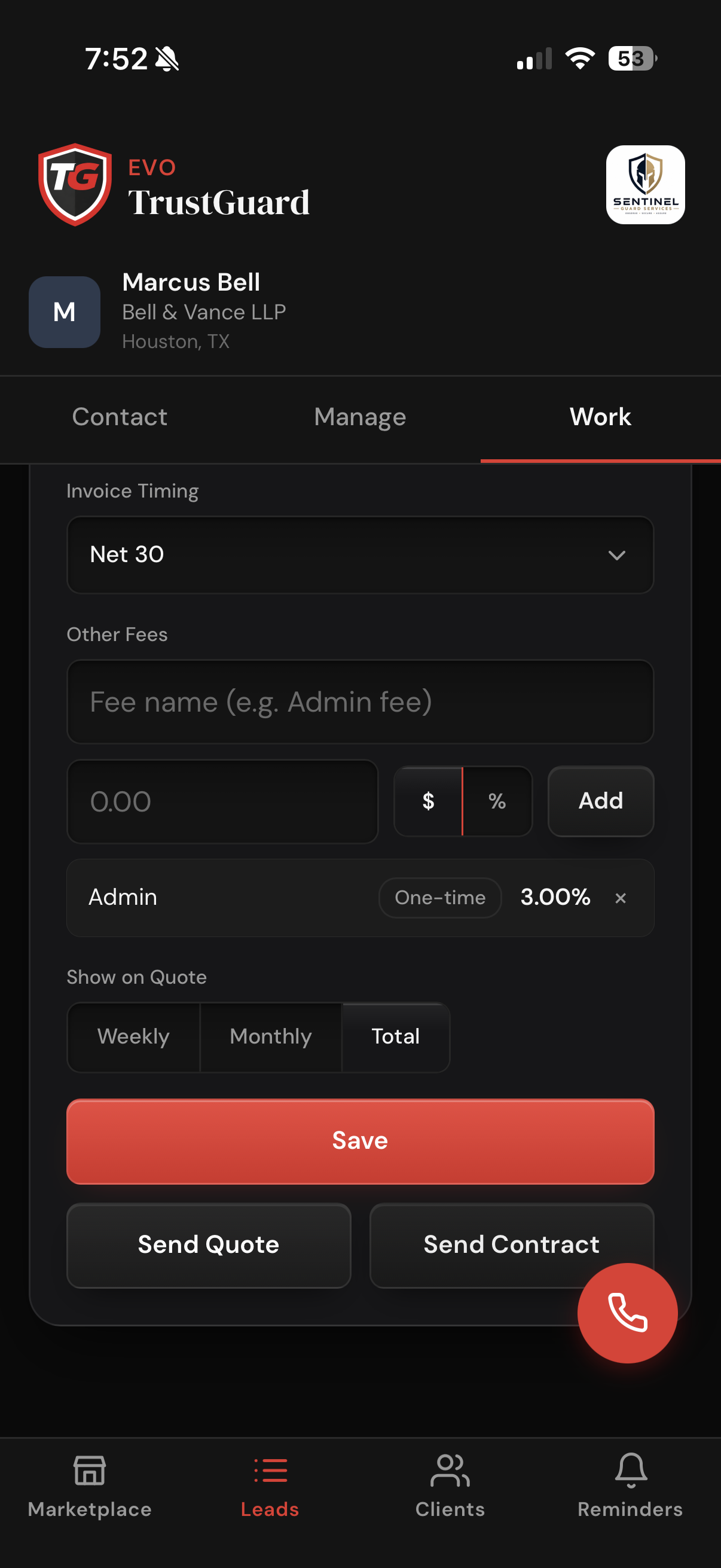 Quote builder on a lead