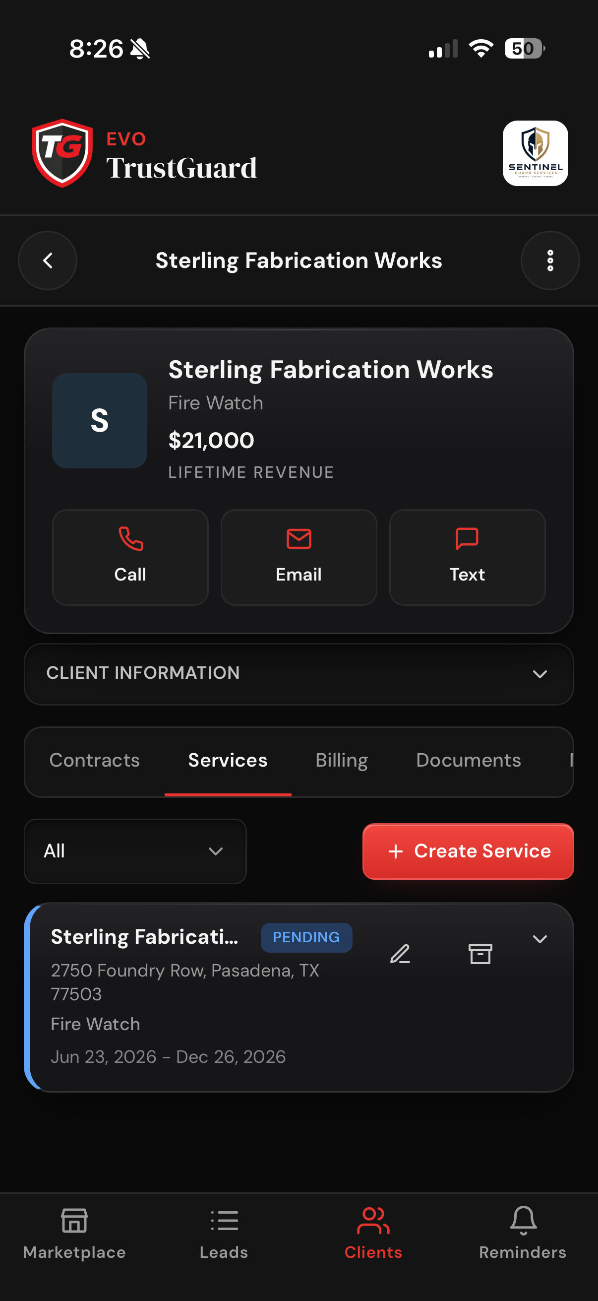 Client services tab