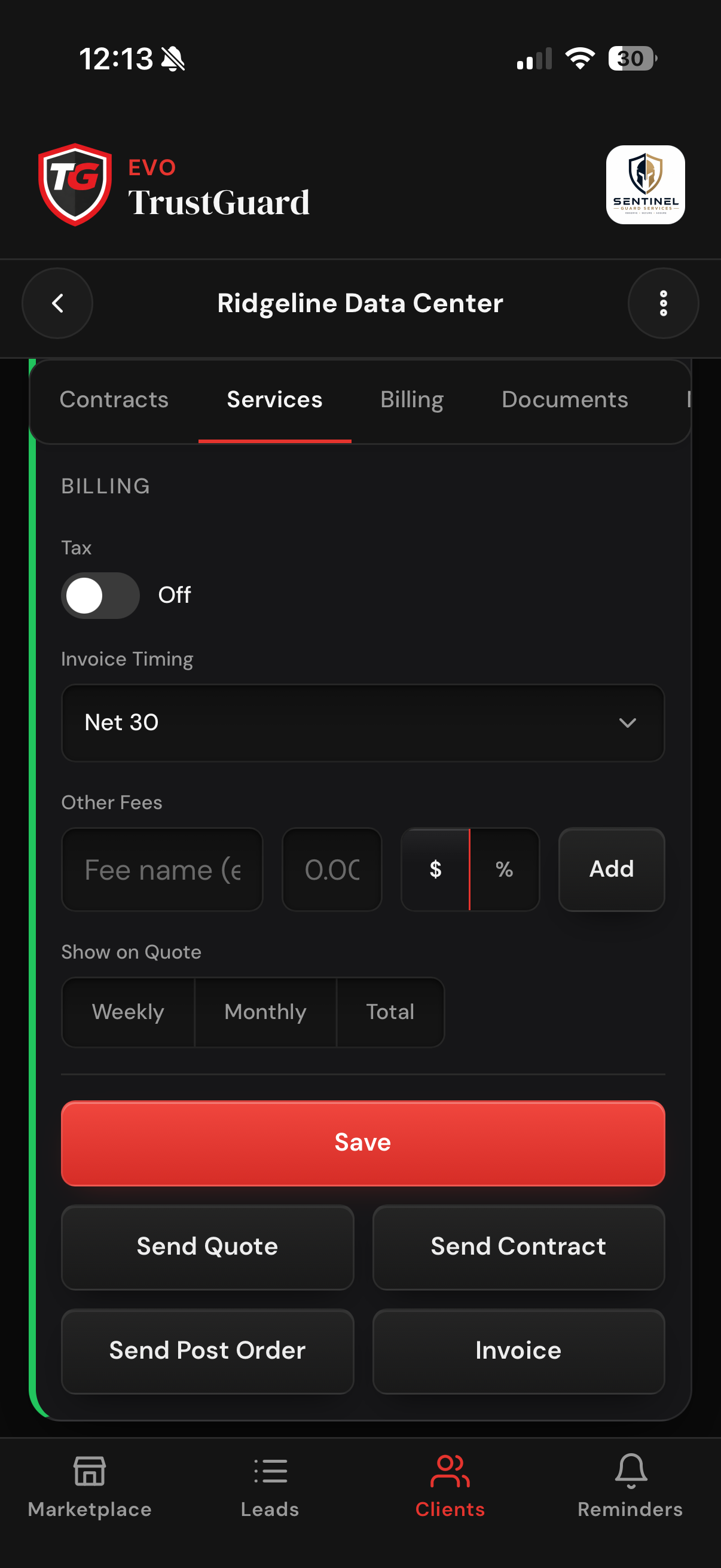 Service actions on a client