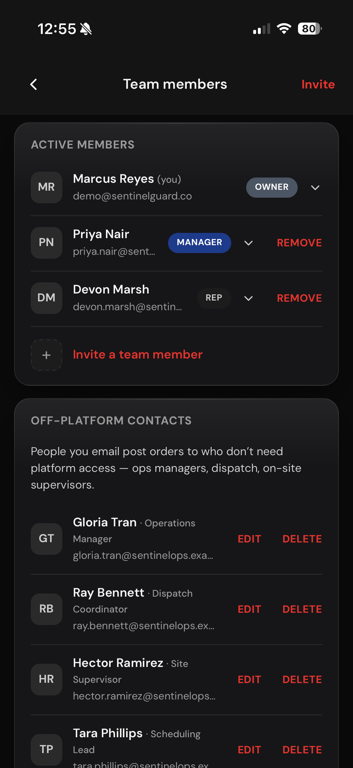 Team members list