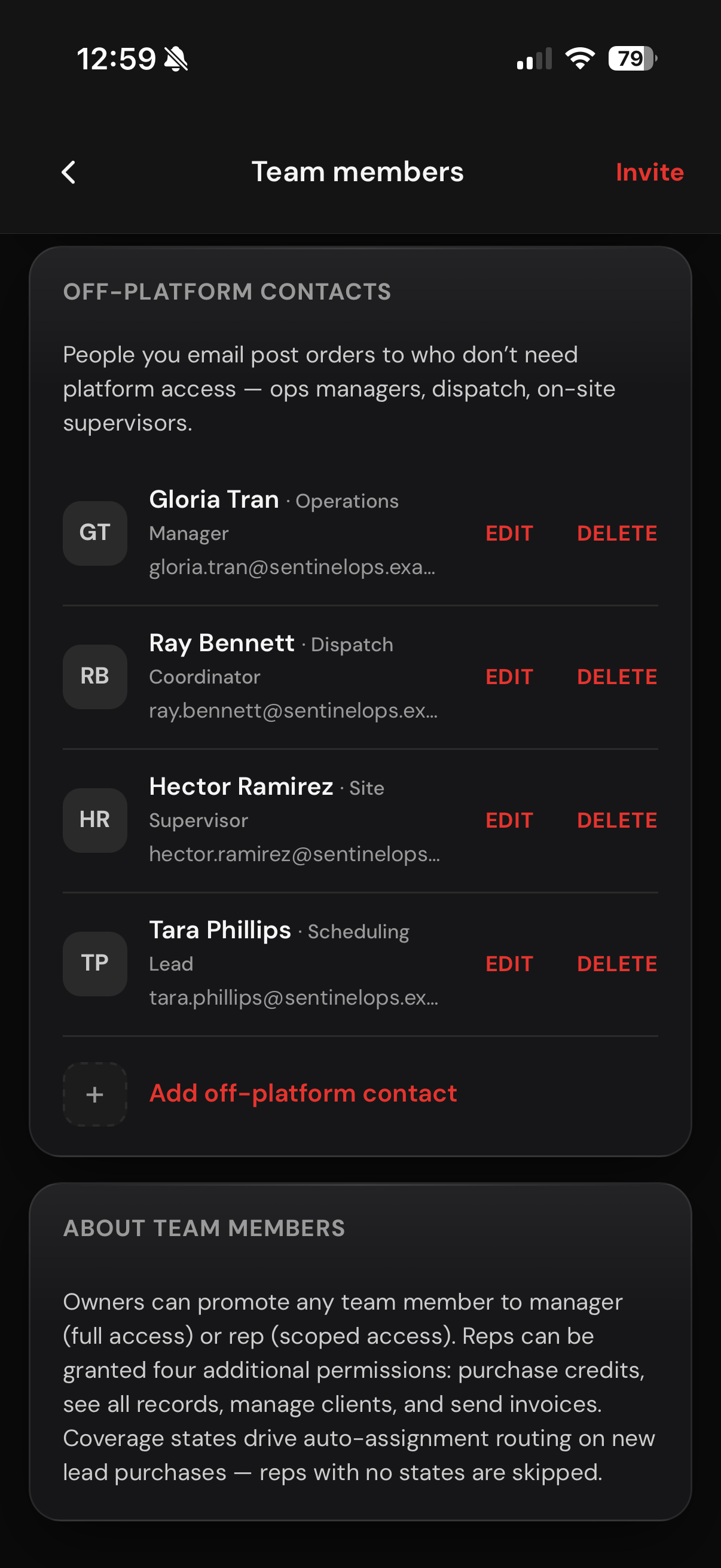 Off-platform team contacts