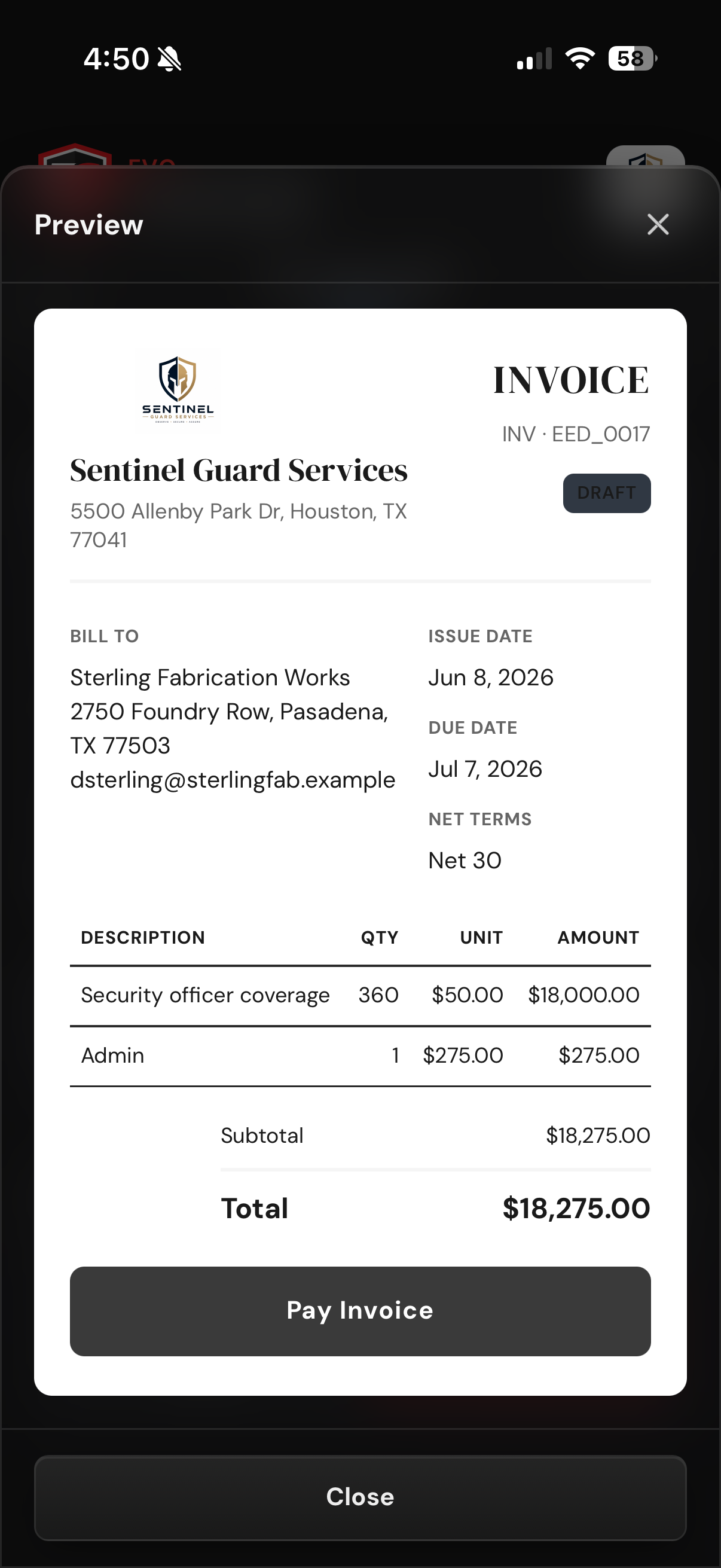 Client-facing invoice preview