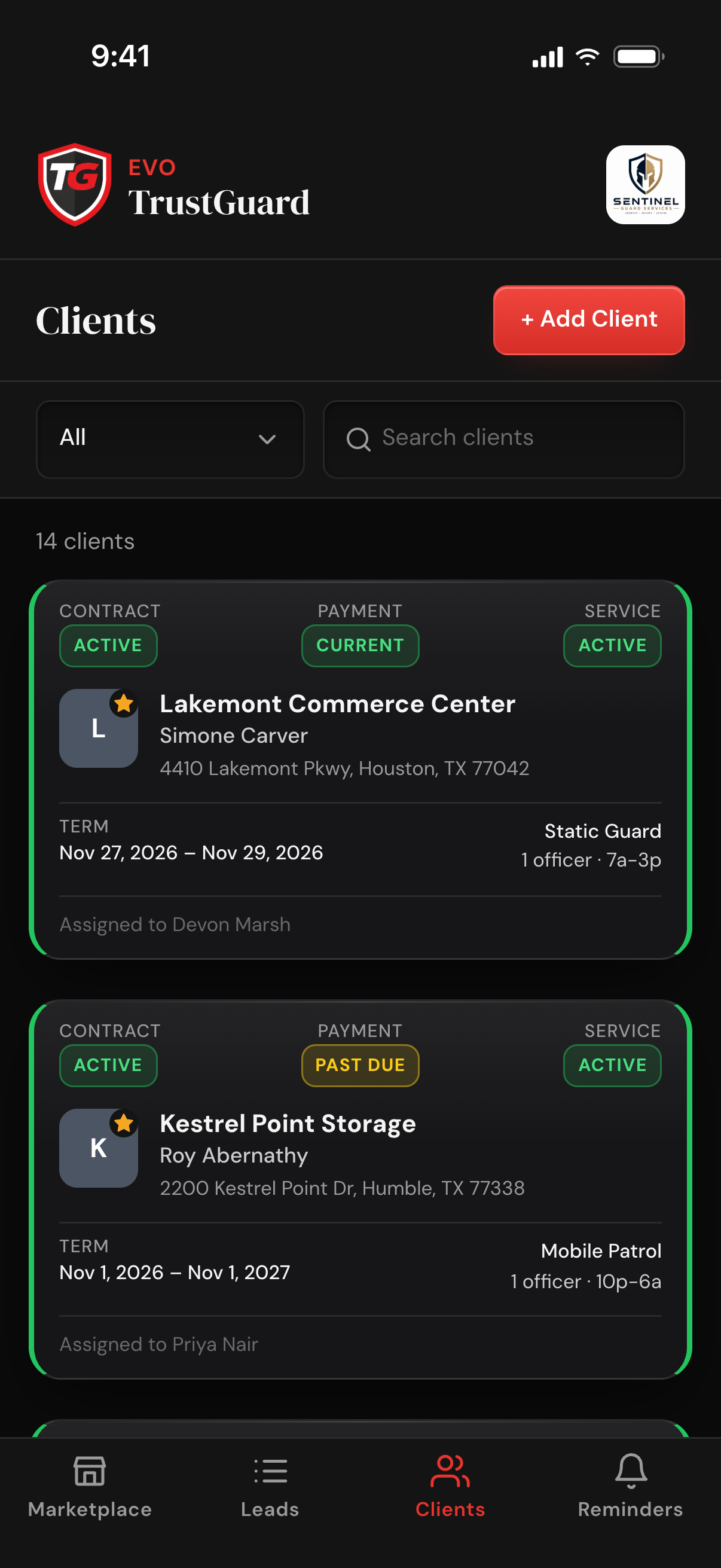 The Clients list with an Add Client button, a filter, a search box and client cards showing Contract, Payment and Service status pills, the contact, the address, the term, the service and the assigned team member