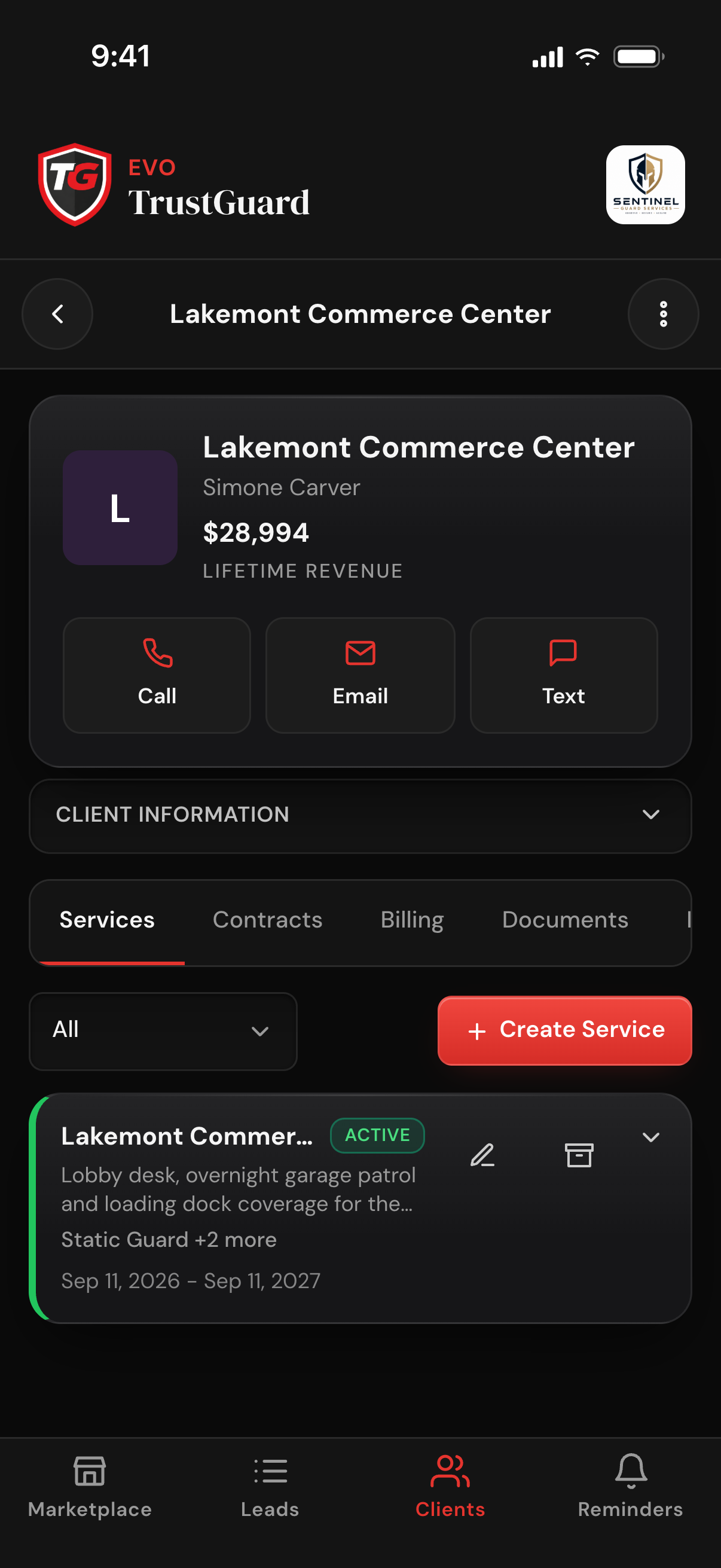 A client's page header with the business name, the contact, Lifetime Revenue and Call, Email and Text buttons, above the tabs and the Services tab with one active service