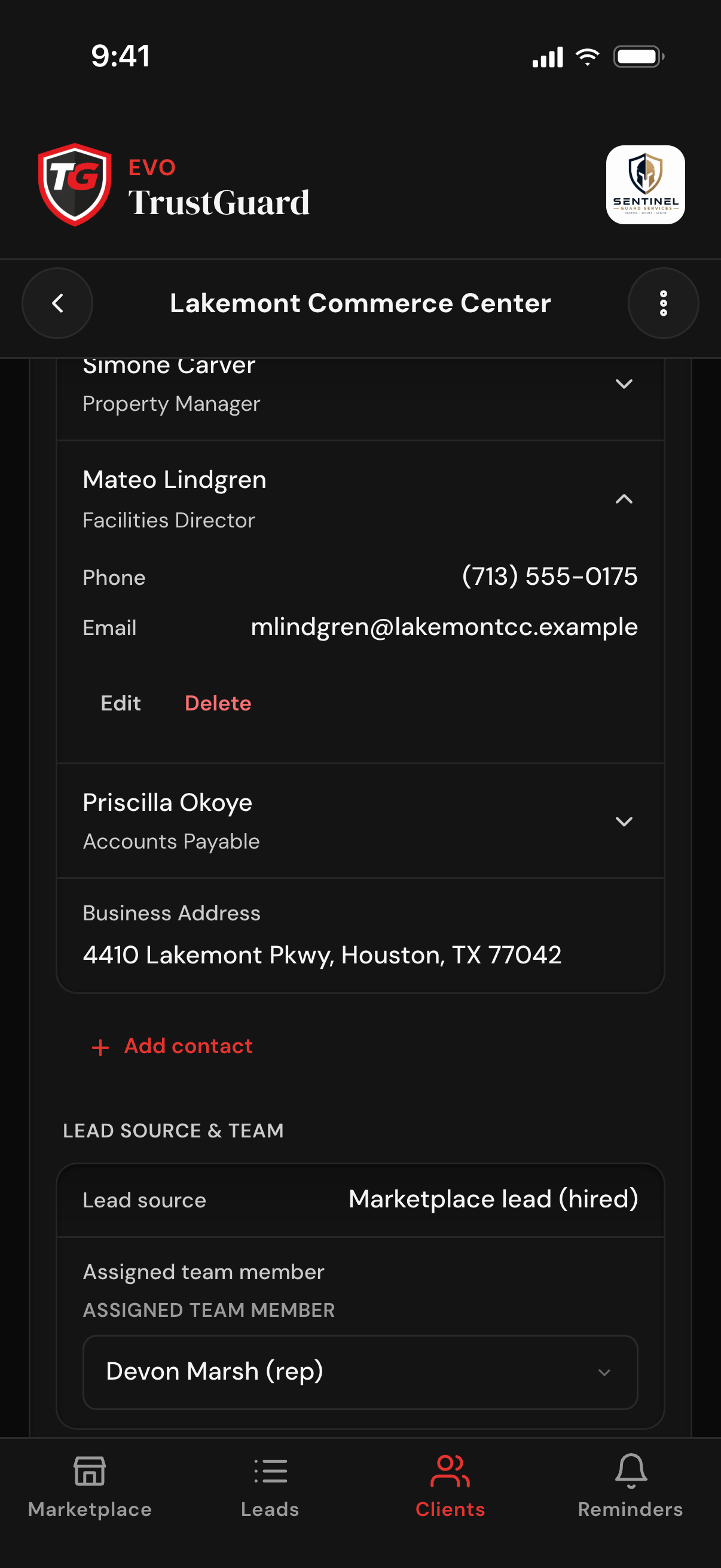 A client's Client Information panel: contacts with one opened to show a phone and an email, the business address, an Add contact link, the lead source and the assigned team member, a rep