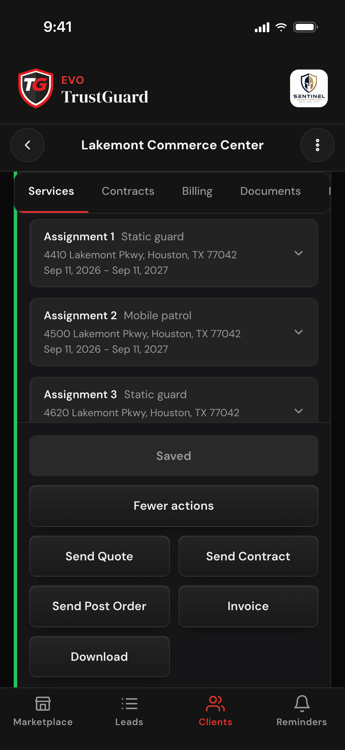 A client's Services tab with three folded assignments, a Saved button and More actions open: Send Quote, Send Contract, Send Post Order, Invoice and Download