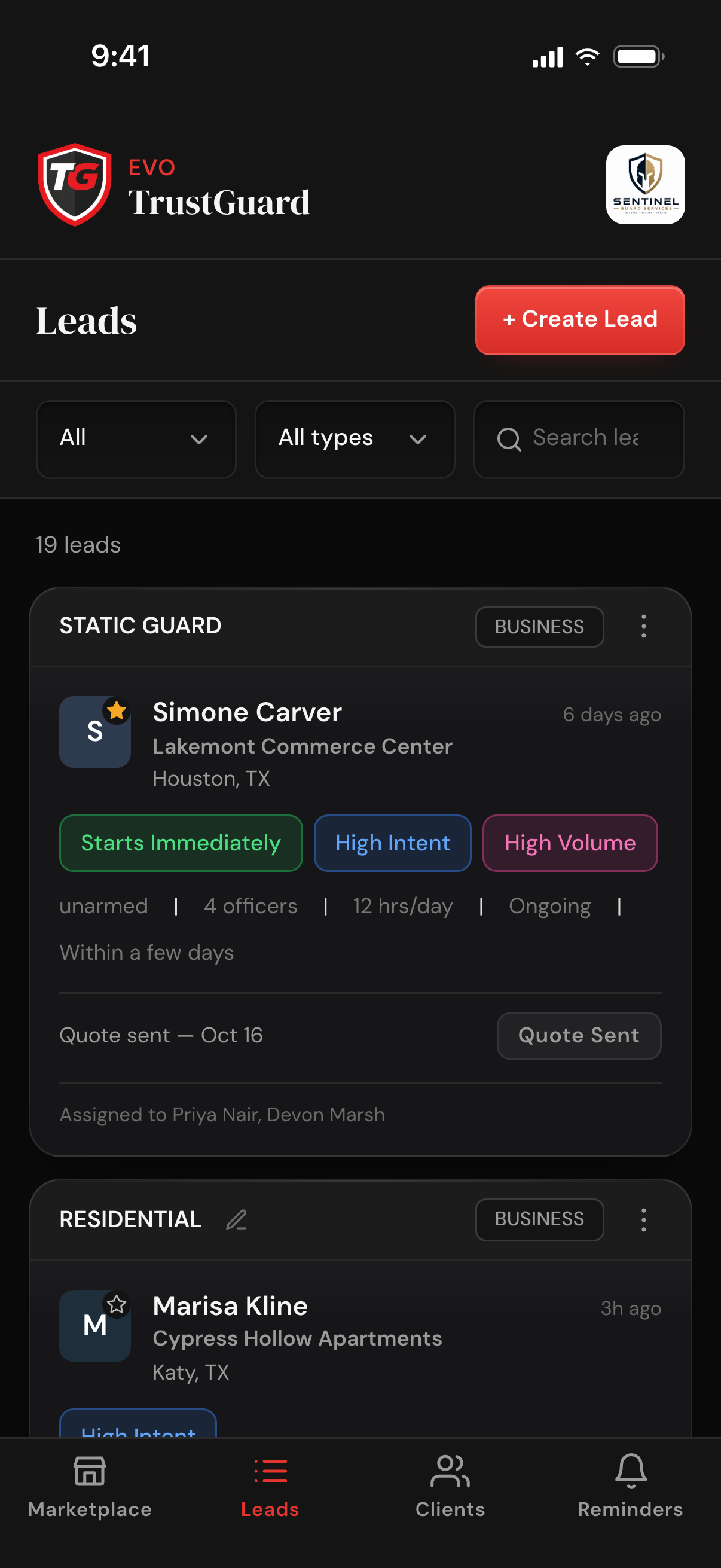 The Leads list with a Create Lead button, status and type filters, a search box and a lead count; the starred top lead is tagged Starts Immediately, High Intent and High Volume and shows its job details, a Quote sent line and the two team members it is assigned to