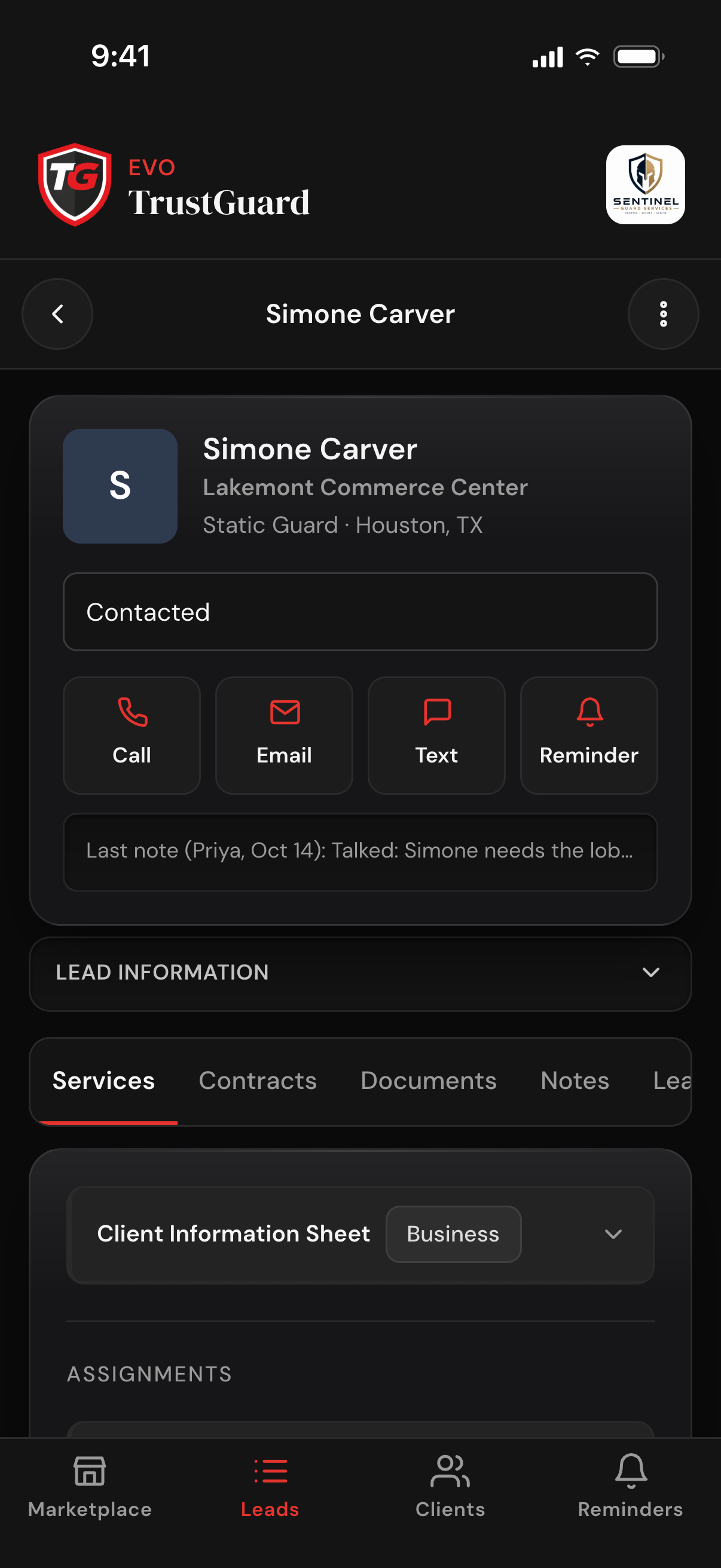 A lead's page with its status set to Contacted, Call, Email, Text and Reminder buttons, the last note with who wrote it, and the Services tab with the Client Information Sheet and Assignments