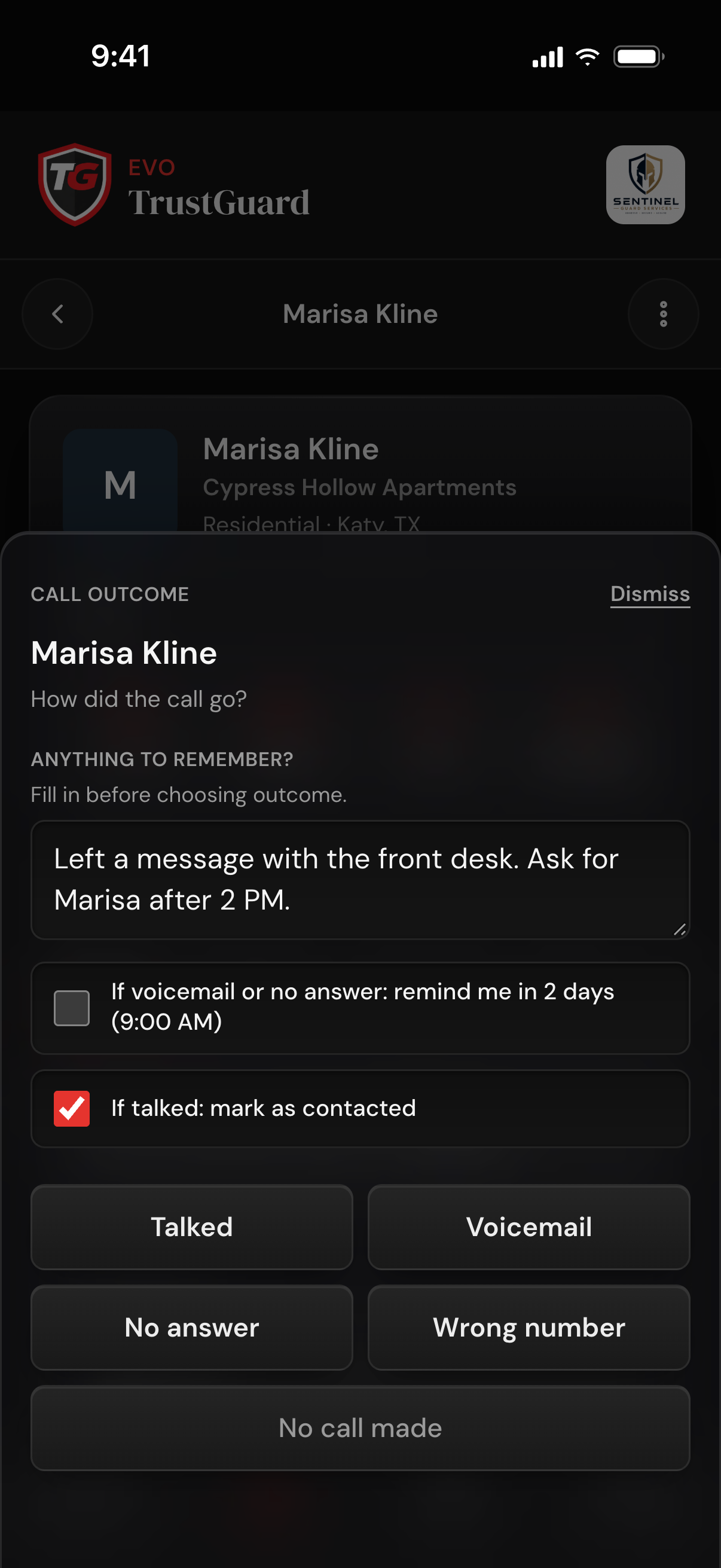 The call outcome sheet after a call: a typed note, a call-back reminder checkbox, a ticked mark-as-contacted box, and Talked, Voicemail, No answer, Wrong number and No call made buttons