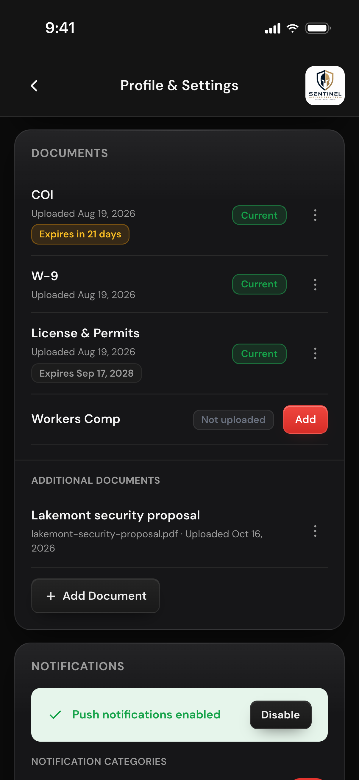 The Documents card in Profile and Settings: COI marked Current with an amber Expires in 21 days badge, W-9 Current, License and Permits Current with an expiry date, Workers Comp not uploaded with an Add button, and a proposal under Additional Documents