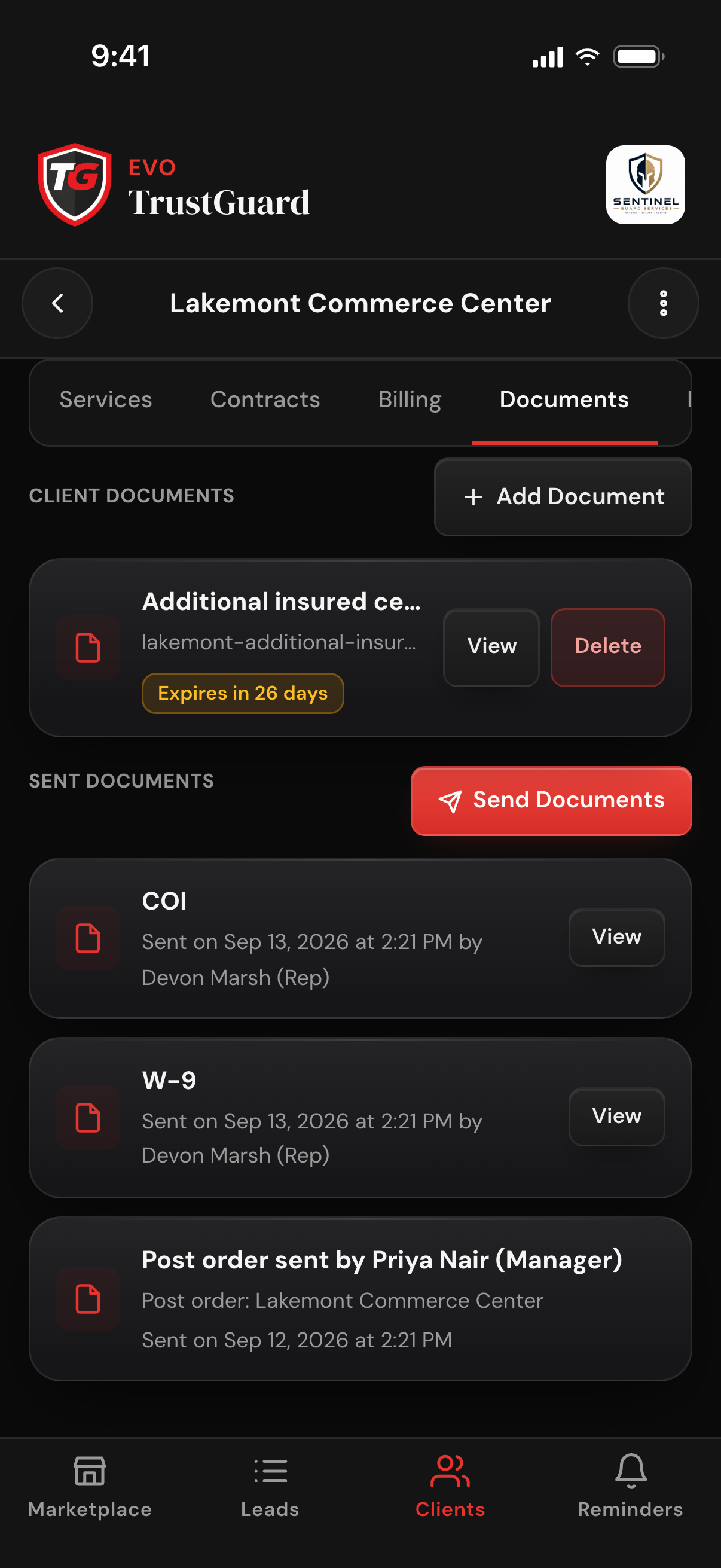 A client's Documents tab: a client document with an expiry badge, a Send Documents button, and sent entries for a COI, a W-9 and a post order, each with the date, time and who sent it