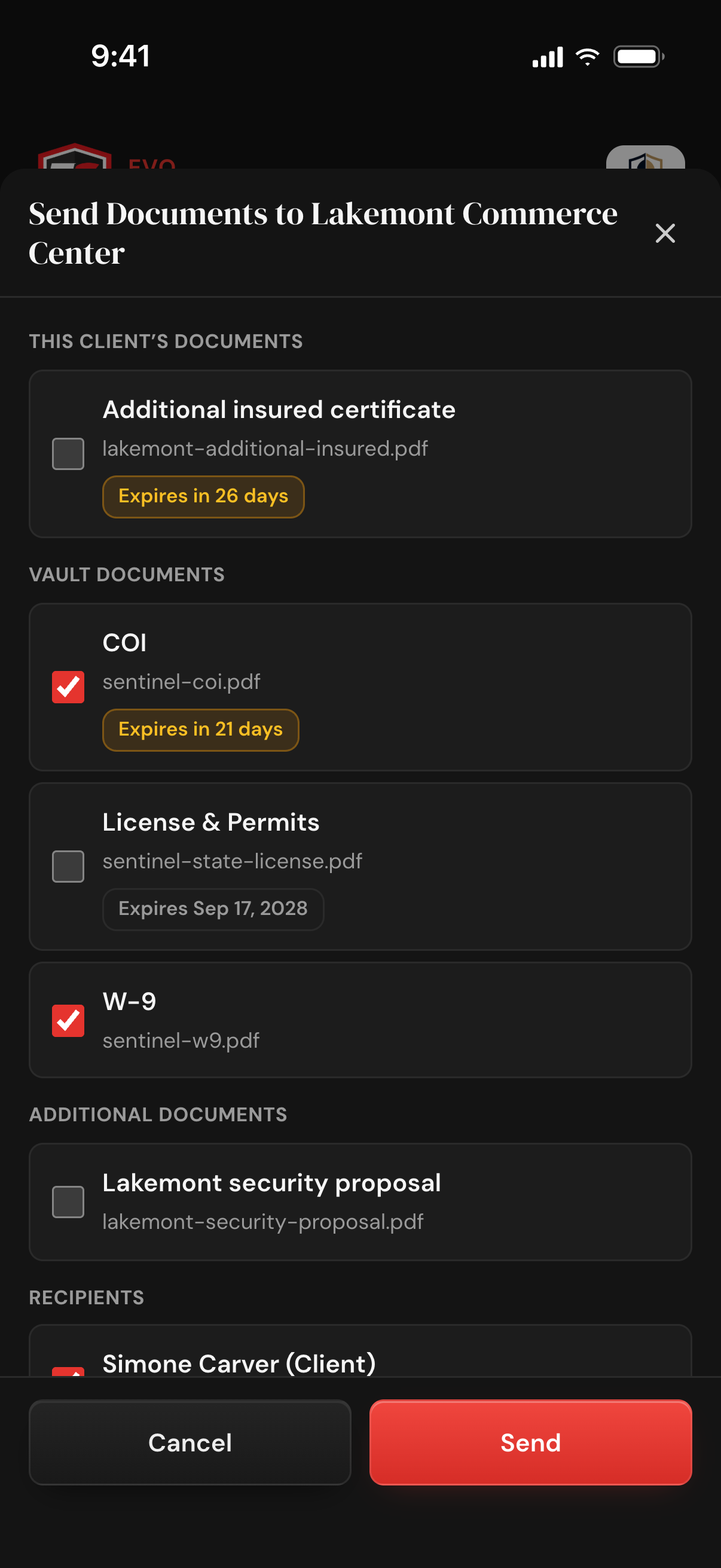 The Send Documents sheet: the client's own certificate with an expiry badge, vault documents with the COI and W-9 ticked, a proposal under Additional documents, and the recipients below