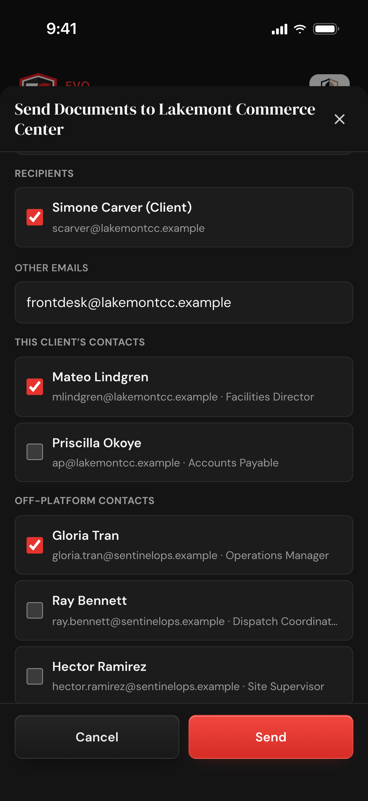 The Send Documents sheet's recipients: the client contact ticked, a typed email address, the client's other contacts with one ticked, and off-platform contacts with one ticked