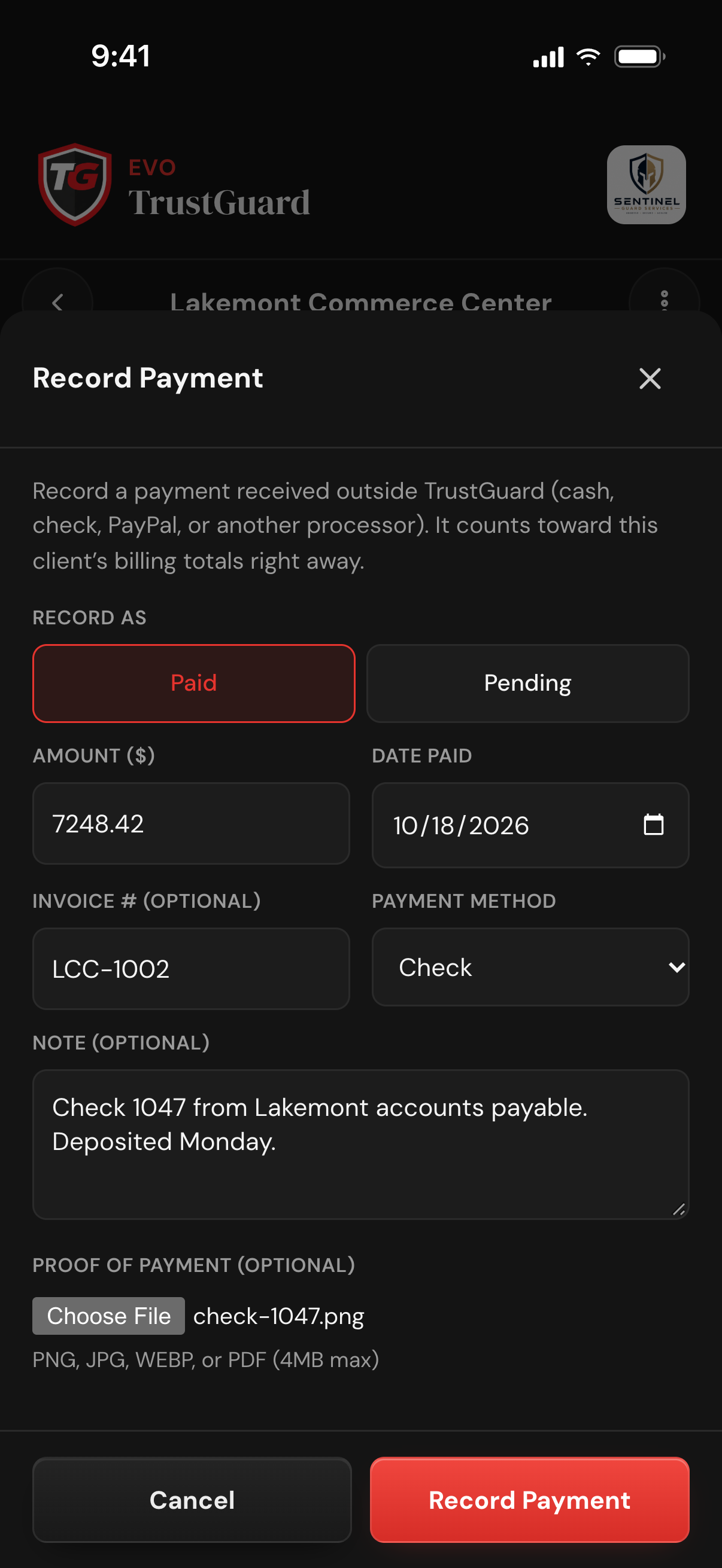 The Record Payment sheet set to Paid: the amount, the date paid, an invoice number, Check as the payment method, a note and an image file attached as proof of payment