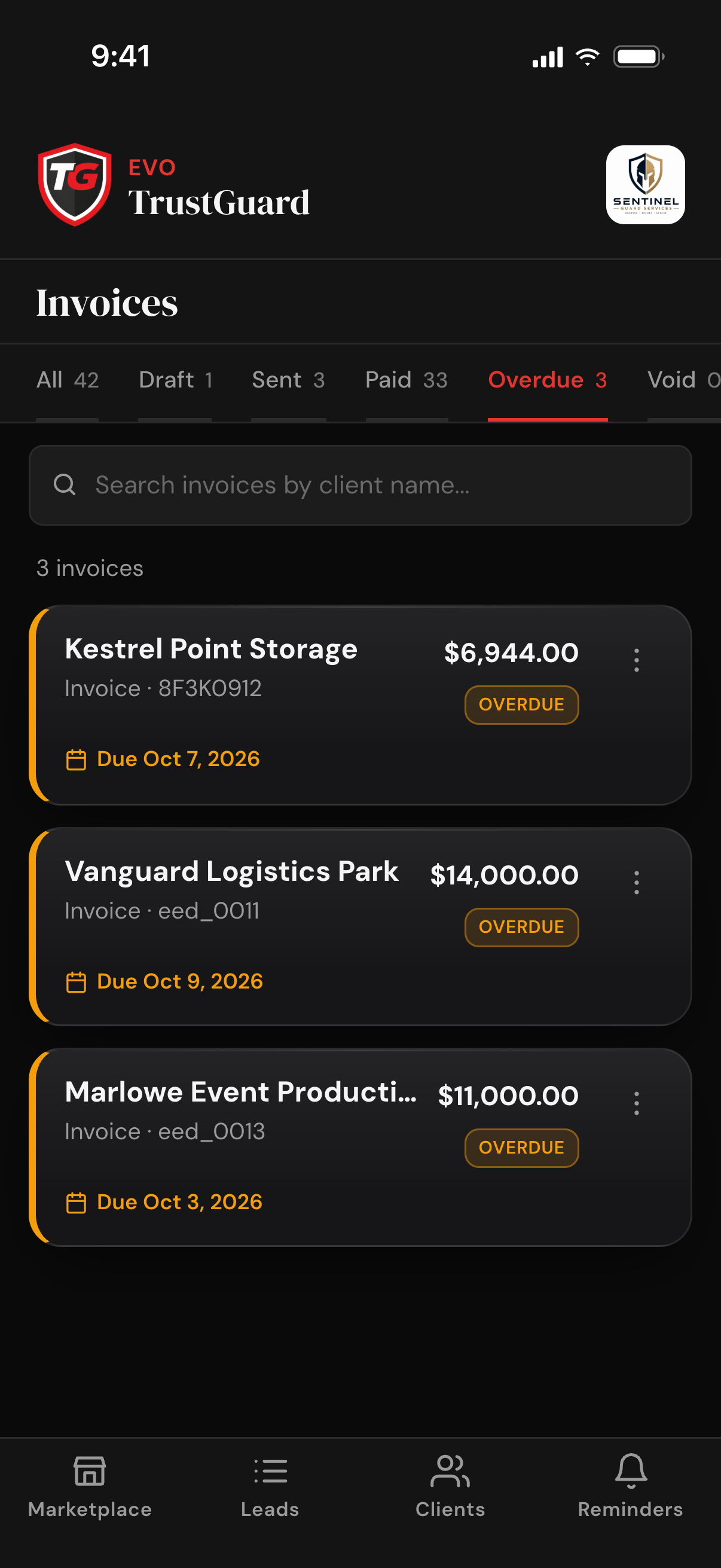 The Invoices page on its Overdue tab, with All, Draft, Sent, Paid, Overdue and Void counts, a search box and three overdue invoices, each with its client, amount and due date