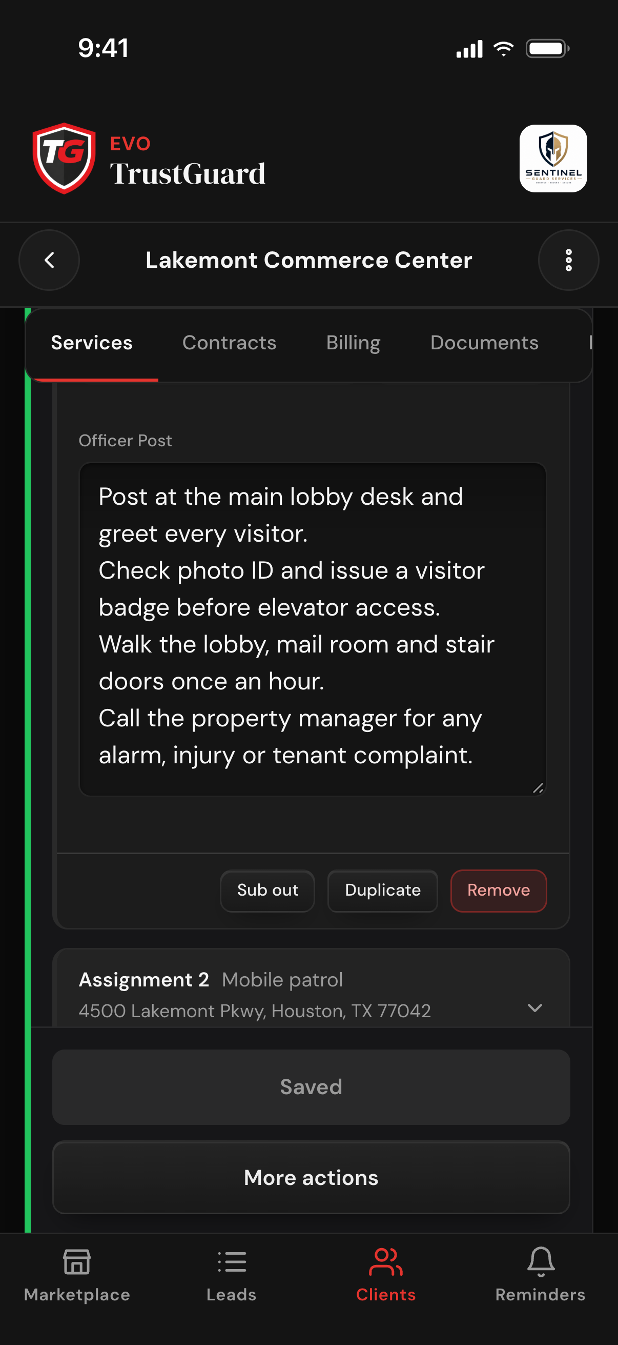 An assignment on a client's Services tab with standing instructions typed in the Officer Post box, and Sub out, Duplicate and Remove buttons