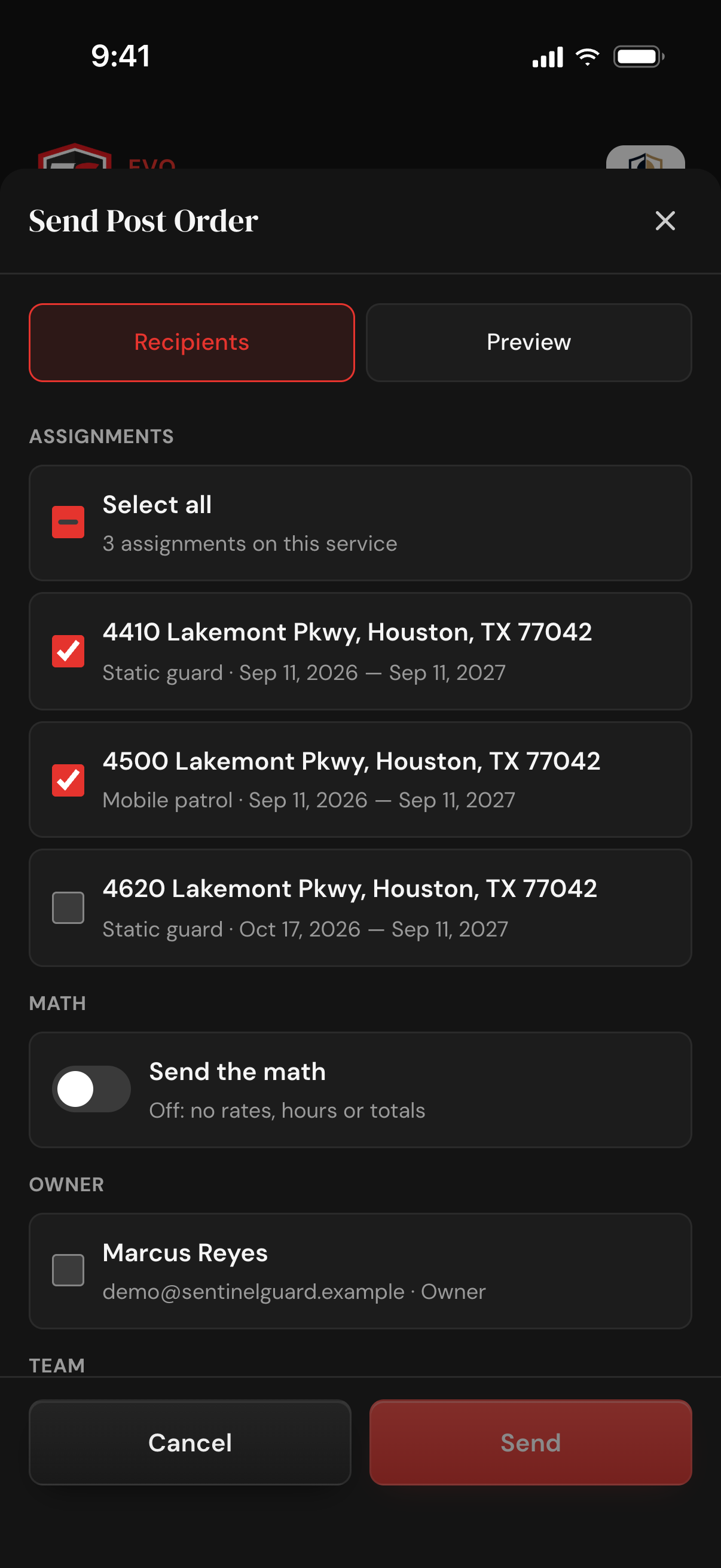 The Send Post Order sheet: three assignments at different addresses with two ticked and one not, the Send the math switch off, and the owner listed below