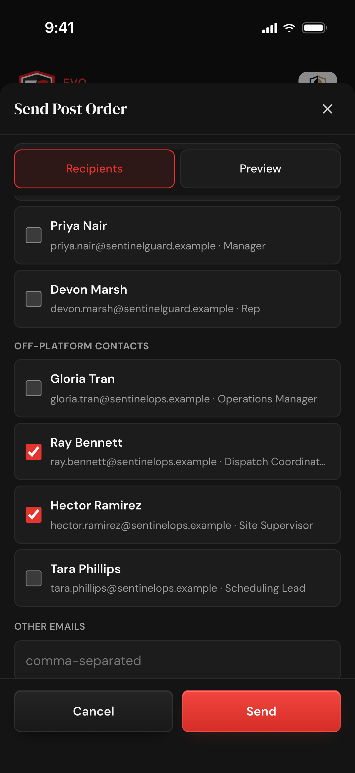 The Send Post Order sheet scrolled down: team members and off-platform contacts with their roles, two contacts ticked, an Other emails box, and a Send button