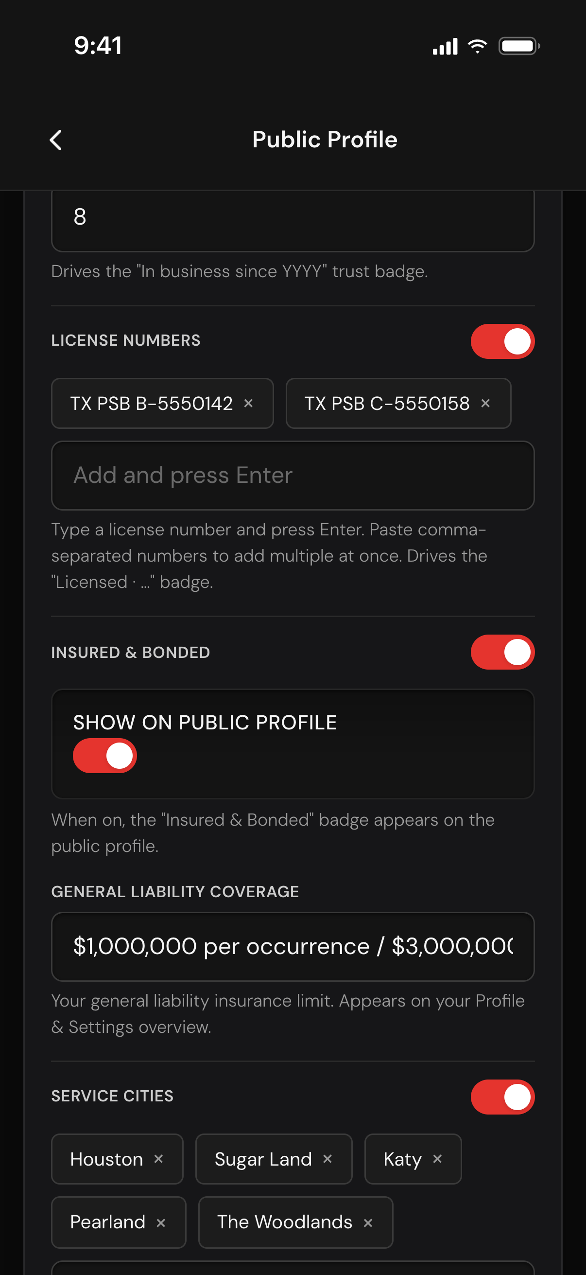 The Public Profile editor scrolled to years in business, two license numbers, the Insured and Bonded switch, the general liability coverage and five service cities