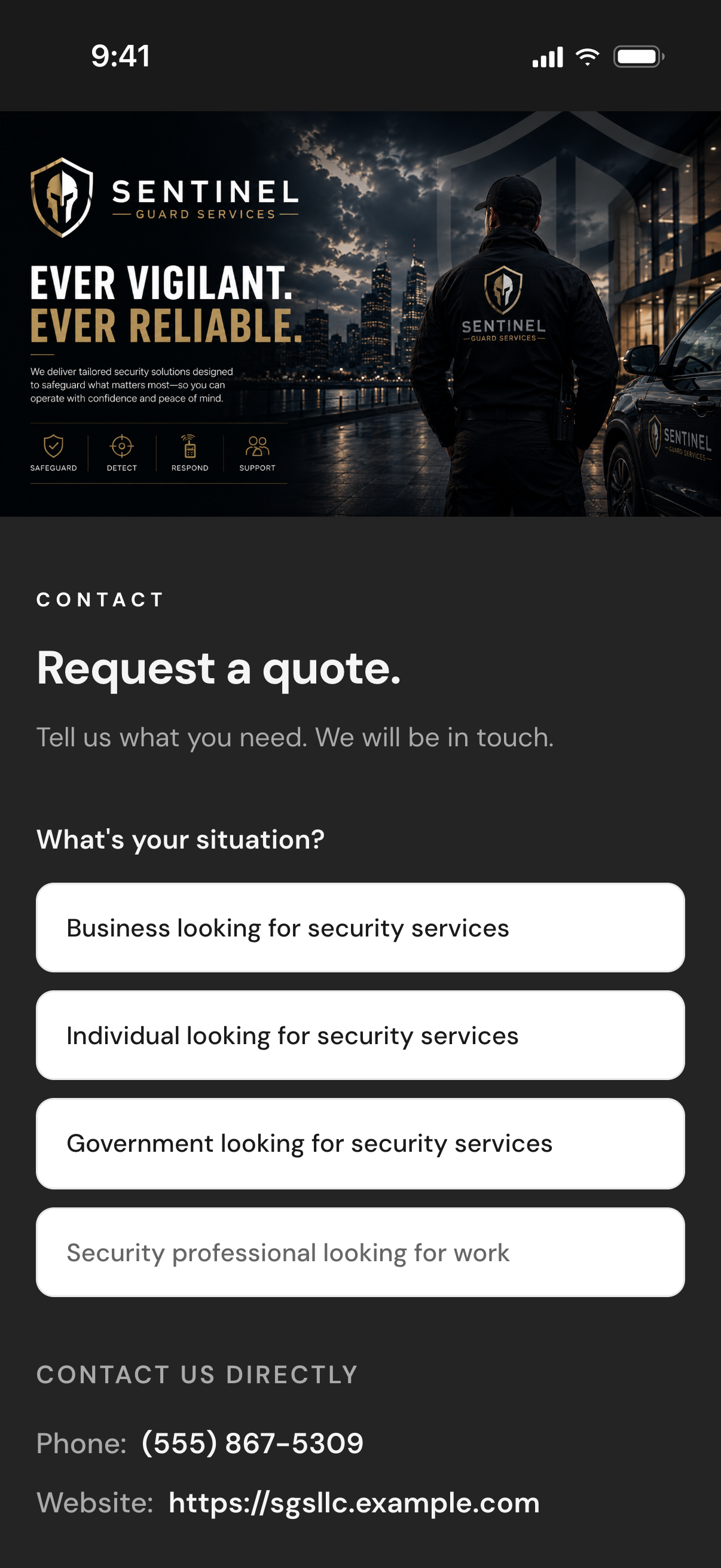 A published company page: the hero image with the company's logo, the Request a quote section with four situation buttons, and the Contact us directly phone number and website