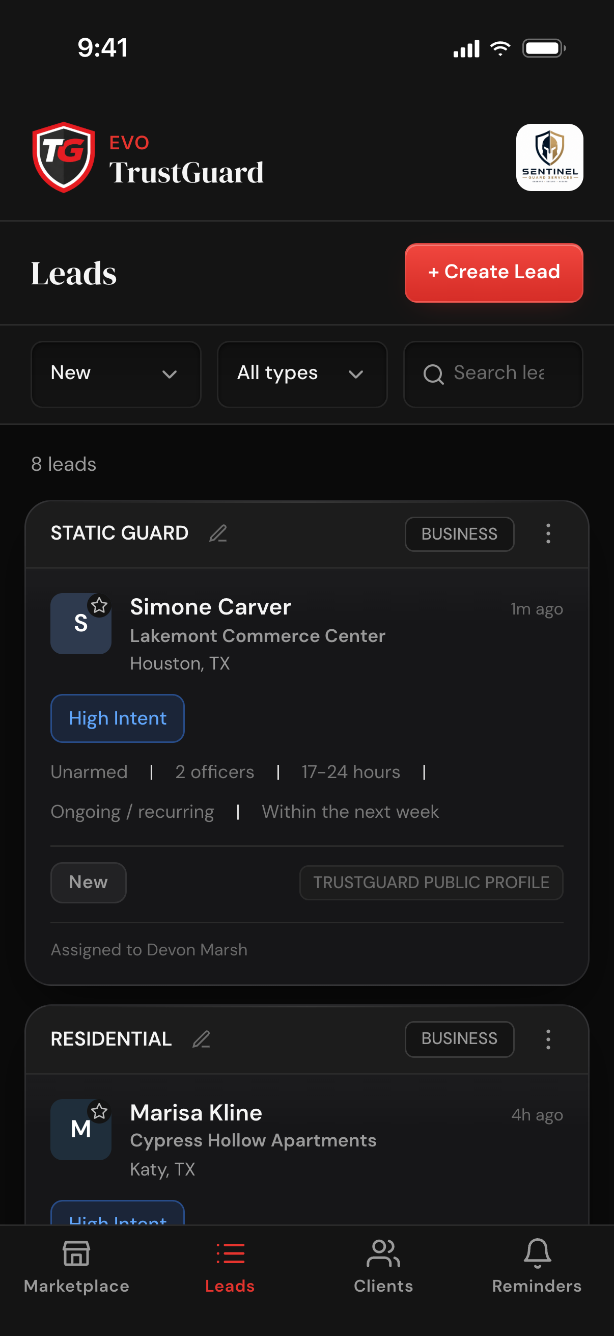 The Leads list filtered to New, with a quote request from the public profile on top, tagged TrustGuard Public Profile, at status New and assigned to a rep