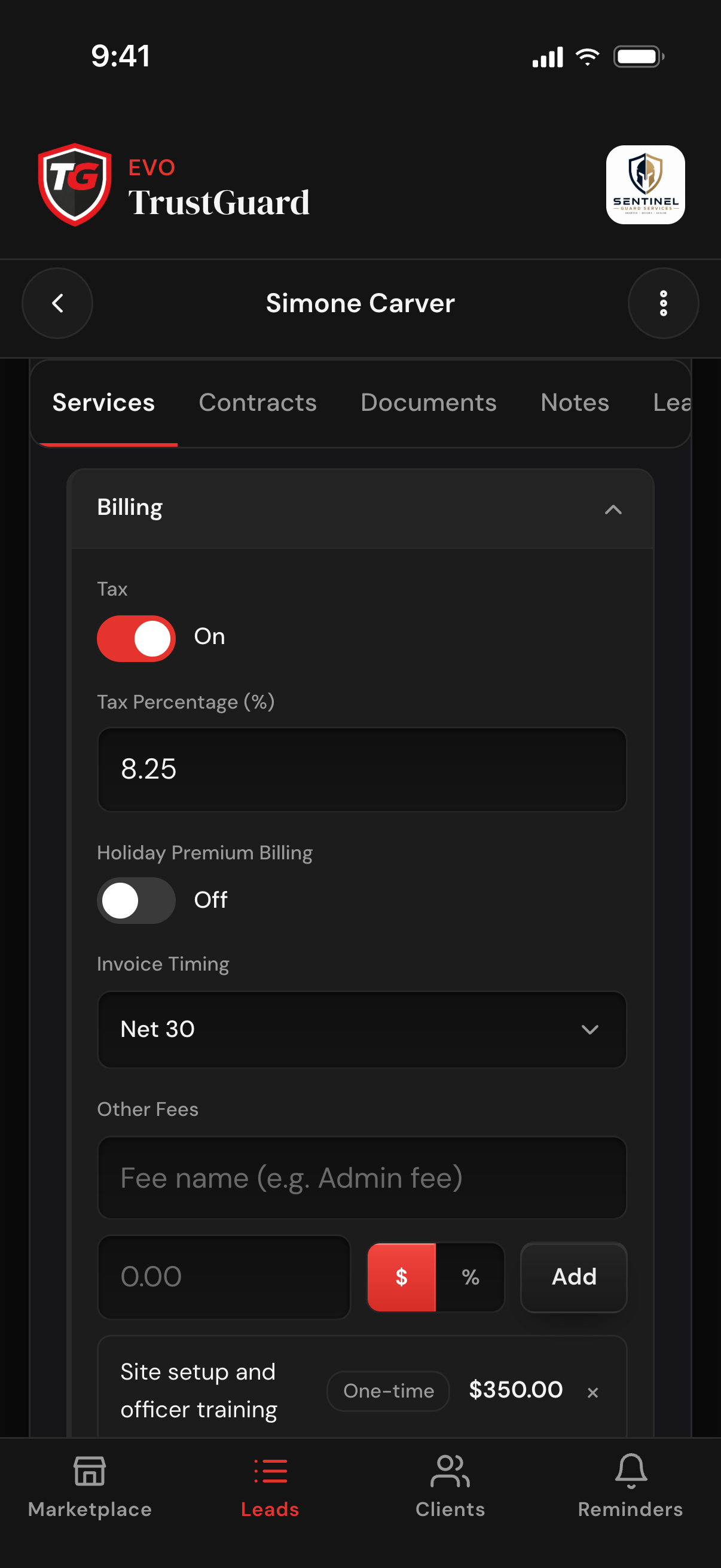 A lead's Services tab with Billing open: tax on at 8.25 percent, holiday premium billing off, Invoice Timing set to Net 30, and Other Fees with a one-time site setup fee added