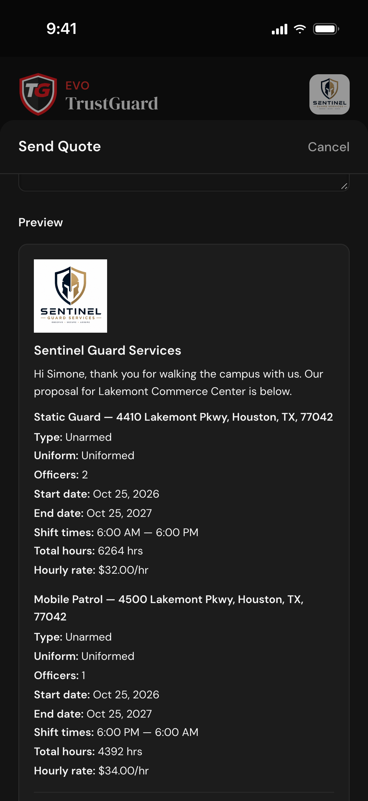 The Send Quote sheet's preview: the company logo and name, a greeting to the contact, and a scope of work for each assignment with its type, officers, dates, shift times, total hours and hourly rate
