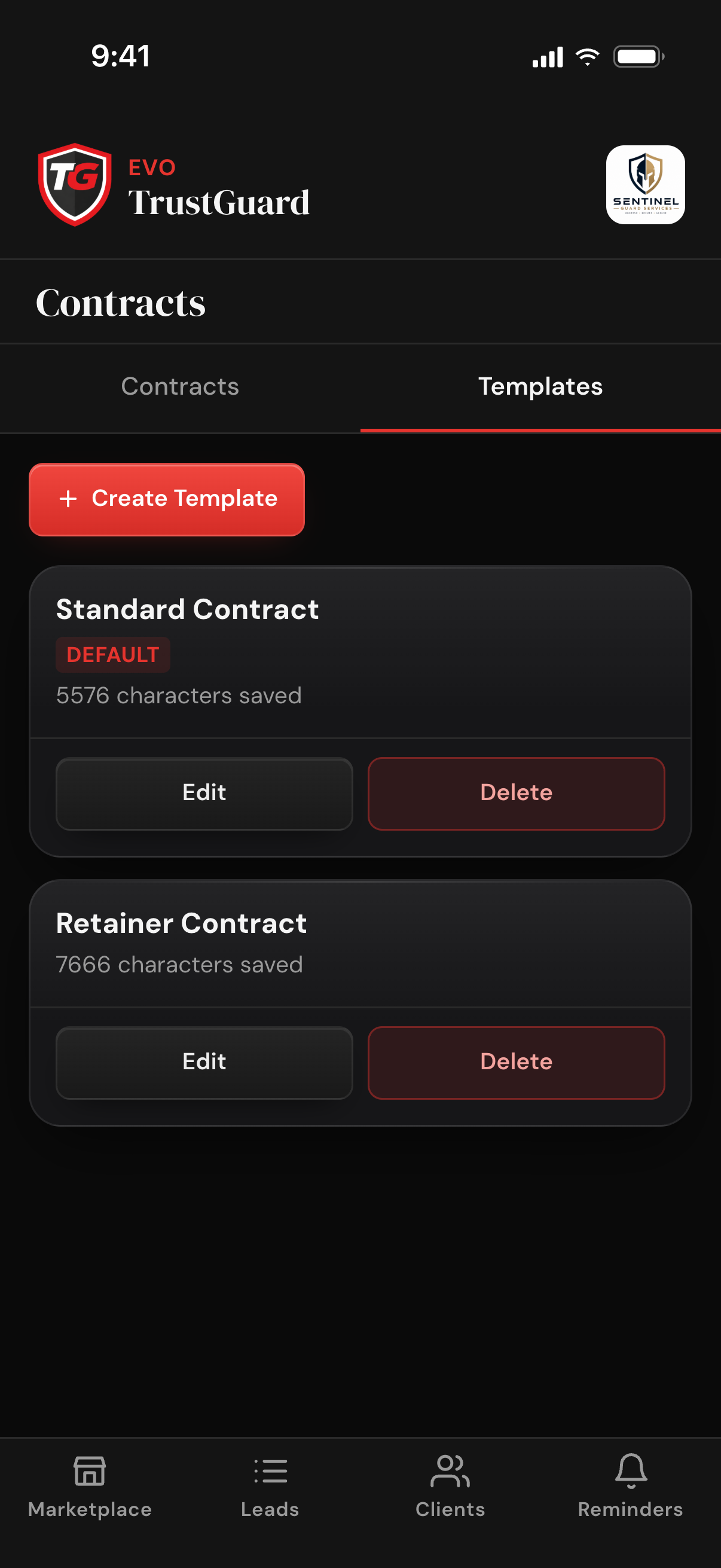 The contract Templates tab with a Create Template button and two saved templates, one marked Default, each with its saved character count and Edit and Delete buttons