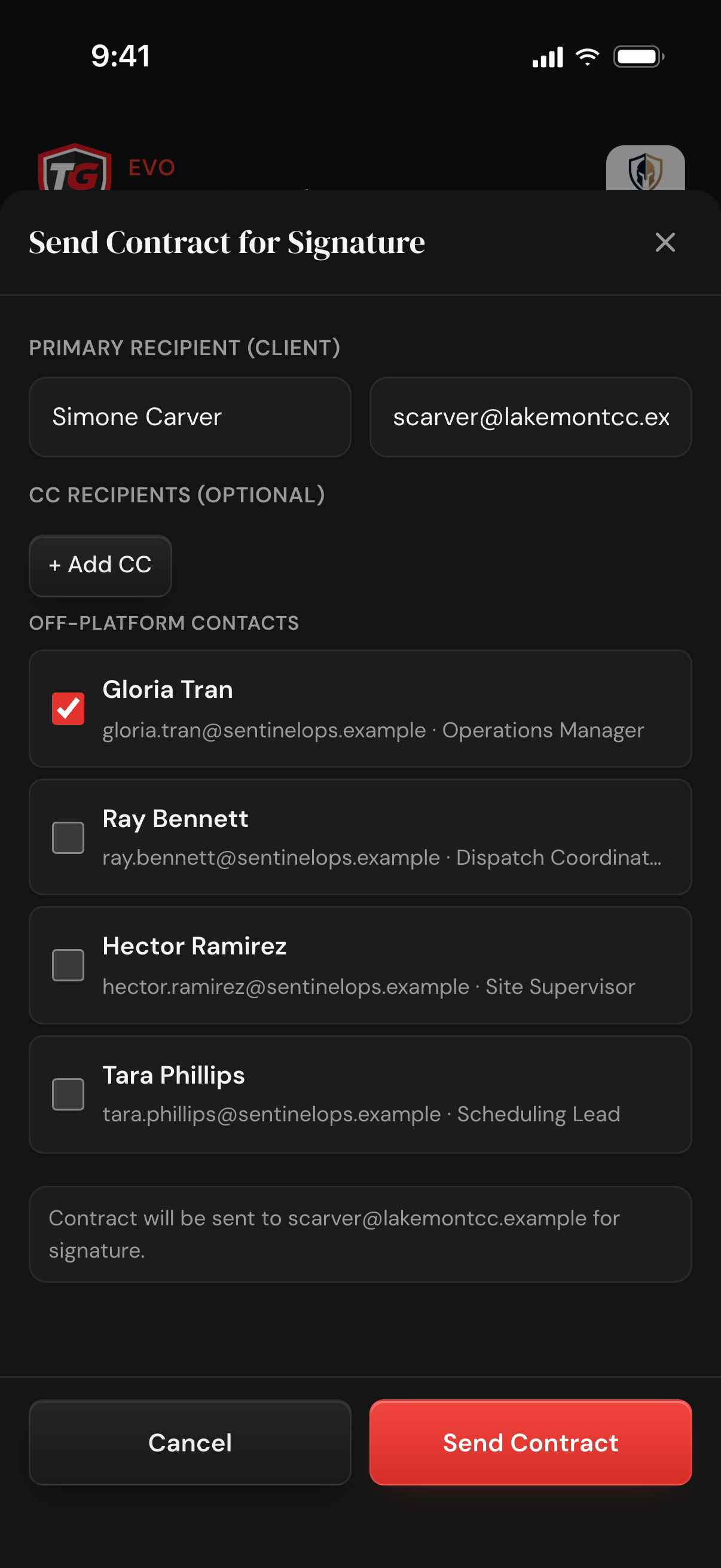 The Send Contract for Signature sheet: the client's contact as the one signer, an Add CC button, off-platform contacts with one ticked to get a copy, and a Send Contract button
