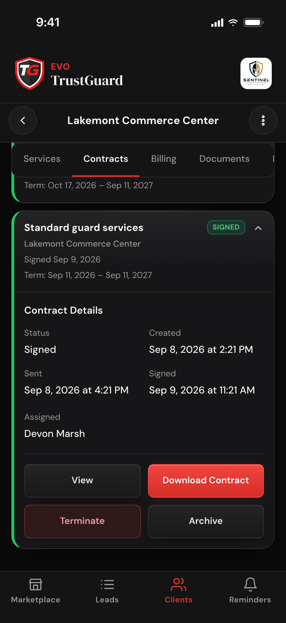 A client's Contracts tab with a signed contract opened: its Signed status, the created, sent and signed times, the term dates, the assigned team member, and View, Download Contract, Terminate and Archive buttons