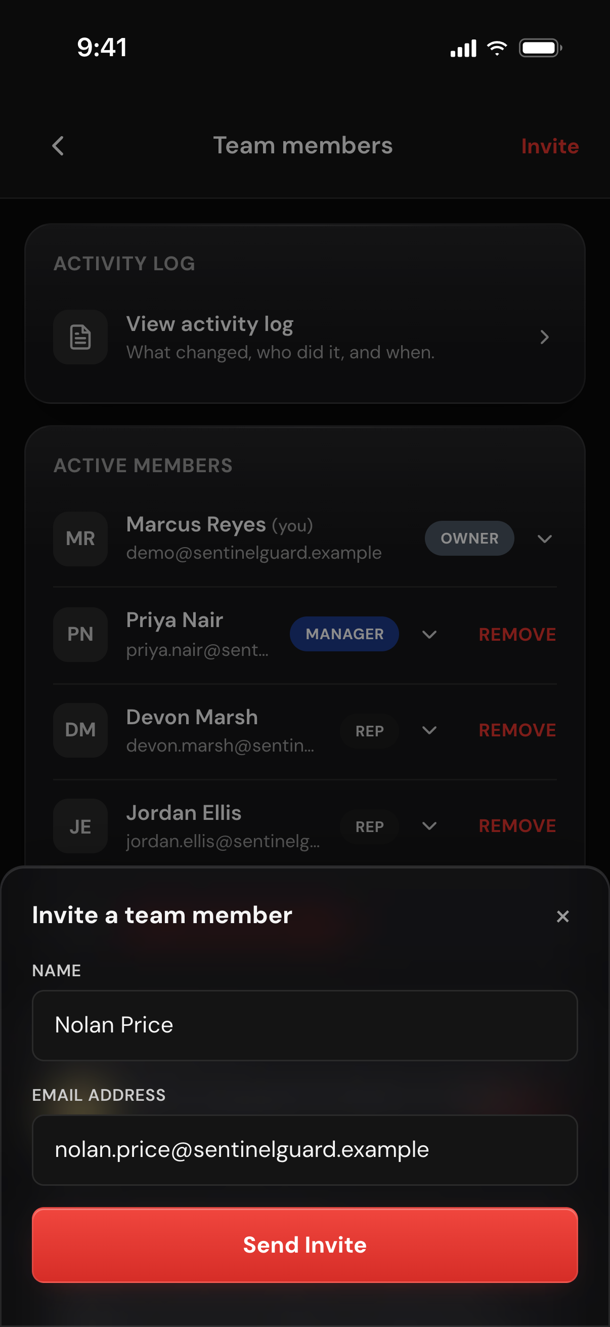 The Invite a team member sheet over the Team members list, with a new rep's name and email typed in and a Send Invite button