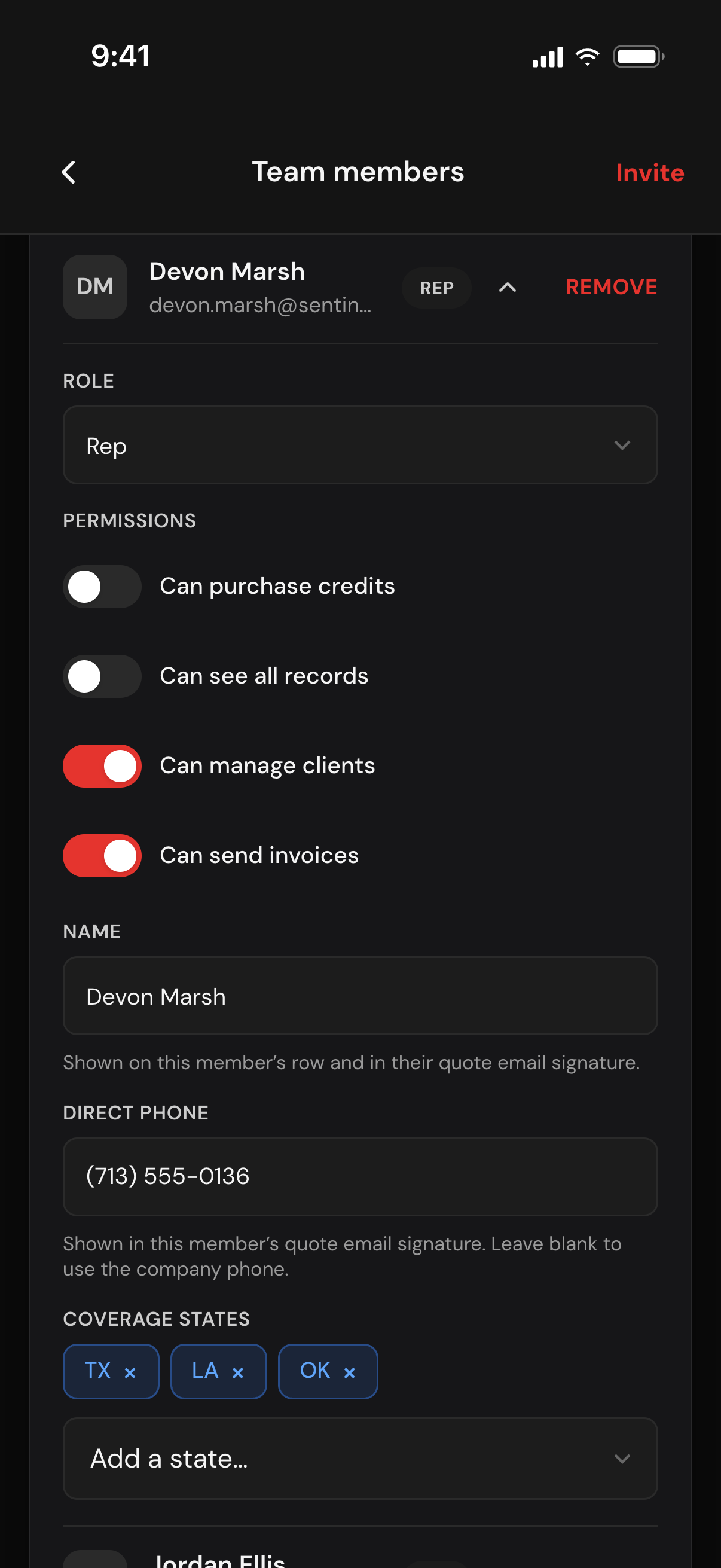 One rep's row opened: the Role set to Rep, four permission switches with Can manage clients and Can send invoices on, a direct phone, and coverage states TX, LA and OK