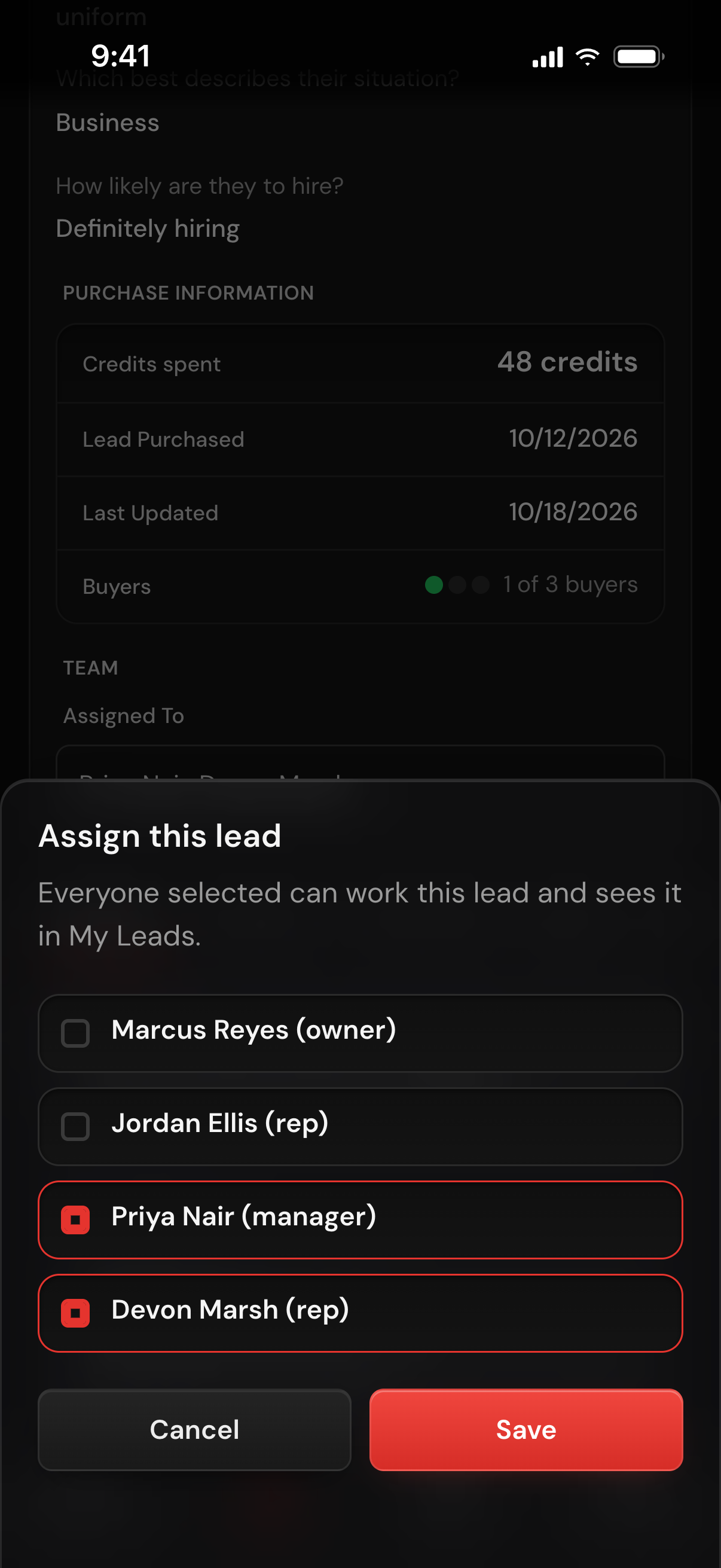 The Assign this lead picker on a lead: the owner and team listed with their roles, a manager and a rep ticked, and Cancel and Save buttons