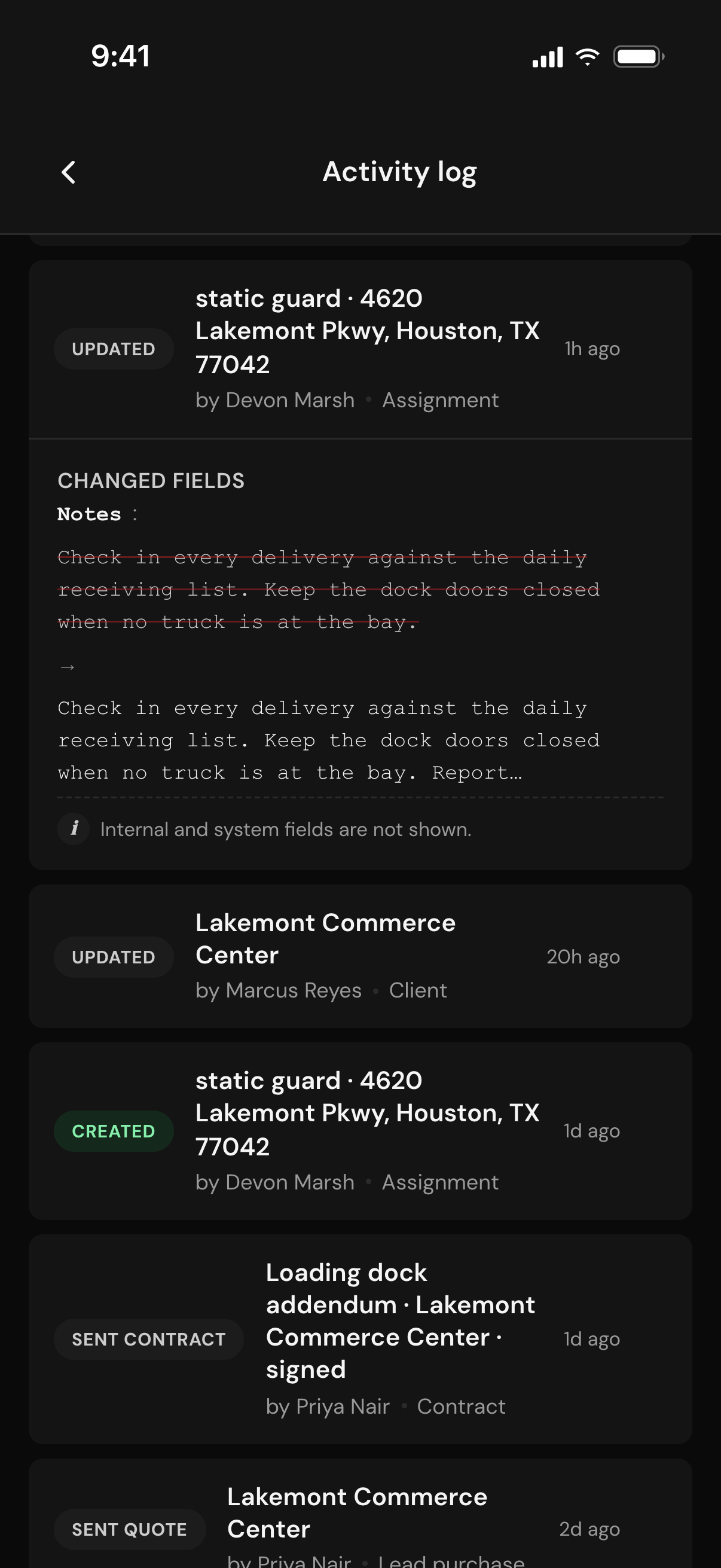 The Activity log: updated and created assignments, an updated client, a sent contract and a sent quote, each with who did it and when, and one entry opened to show the Notes field that changed