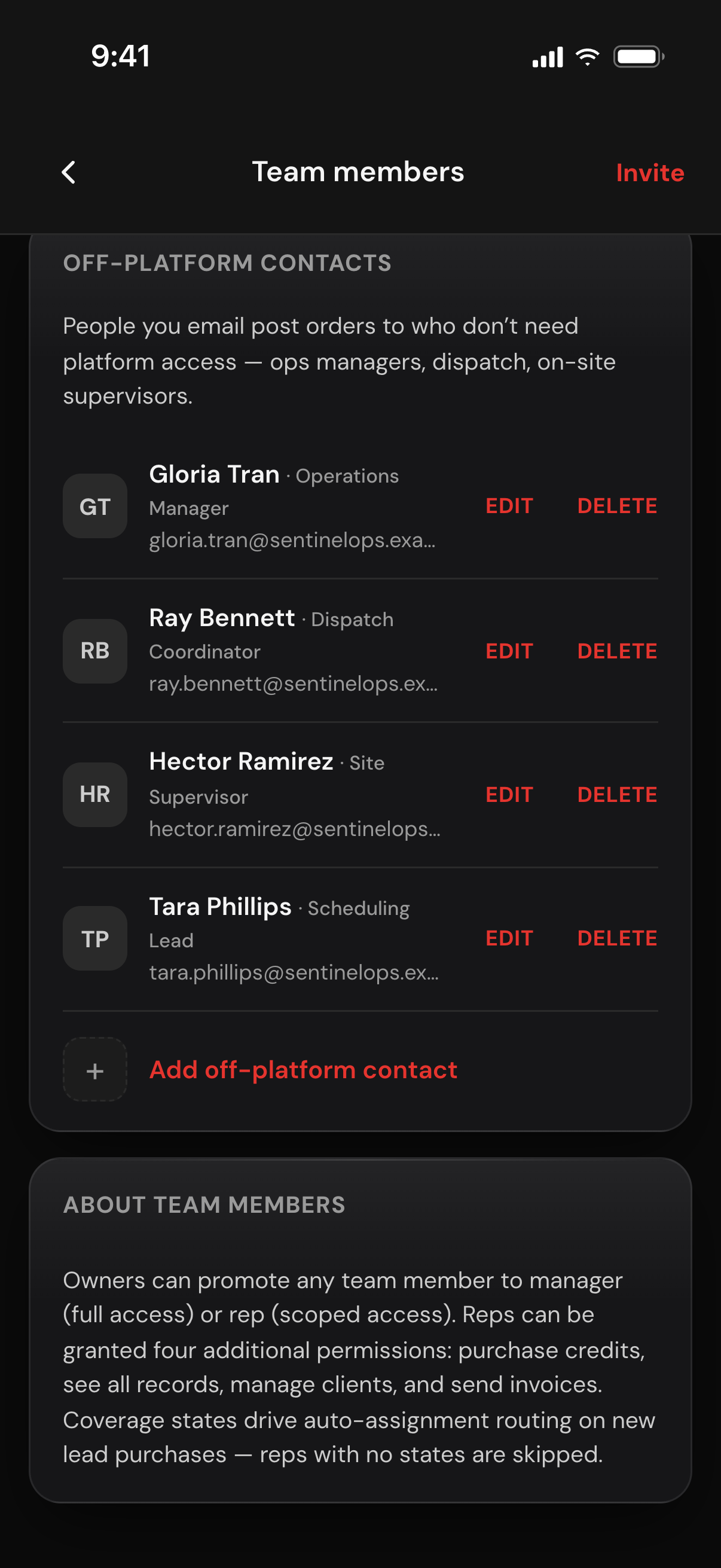 The Team members page's off-platform contacts: four people with a name, a role and an email, Edit and Delete on each, and an Add off-platform contact link